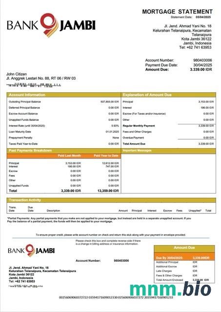 Indonezja Bank Jambi wyciąg z kredytu hipotecznego szablon Word i PDF